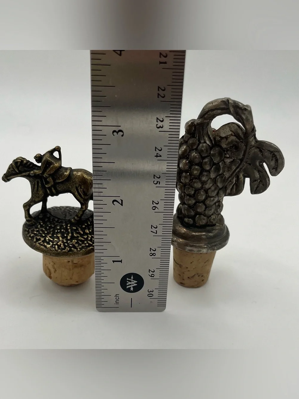 Vintage Silver Tone & Brass Toned Metal Bottle Stoppers - Set of 2, Jockey Grape